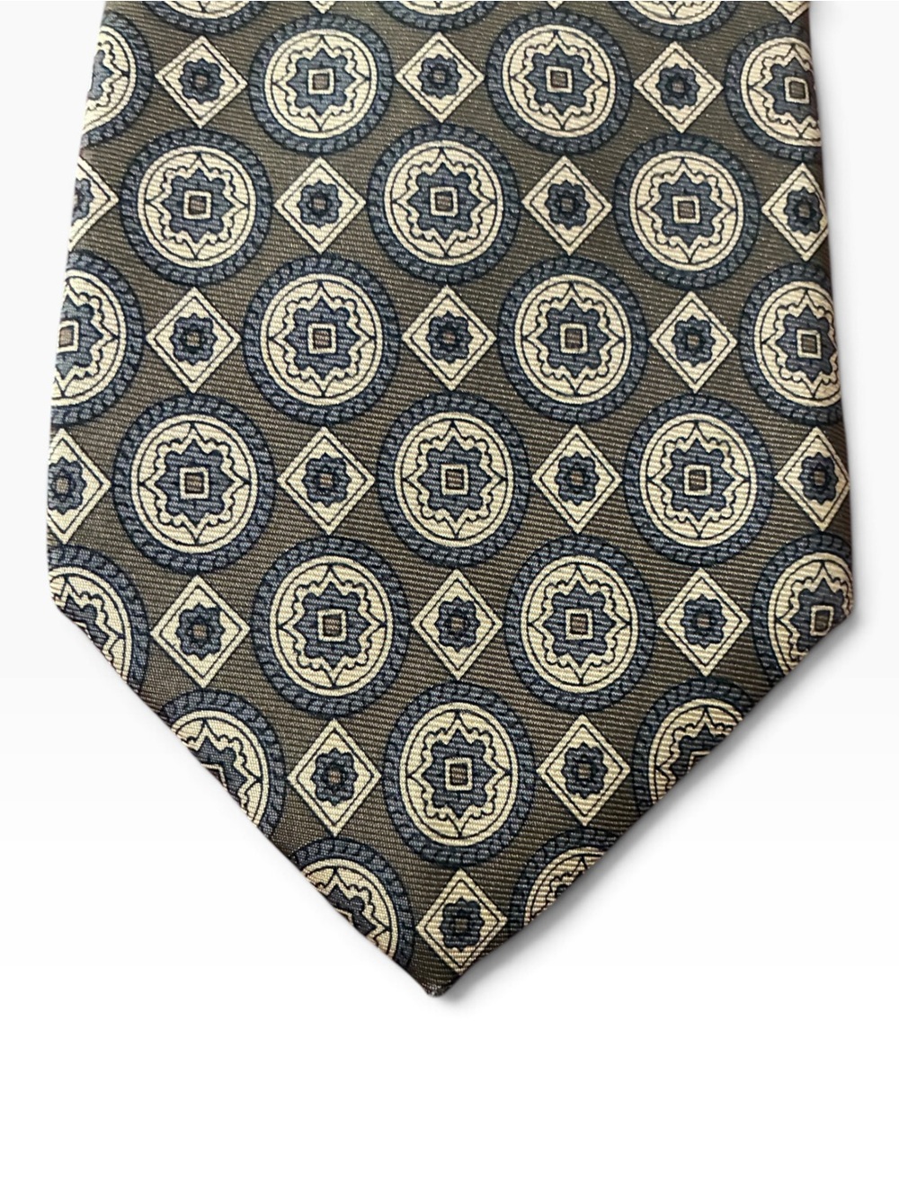 Andover Shop Handmade 100% Silk Tie Olive Navy Cream Medallion Ivy Trad Preppy